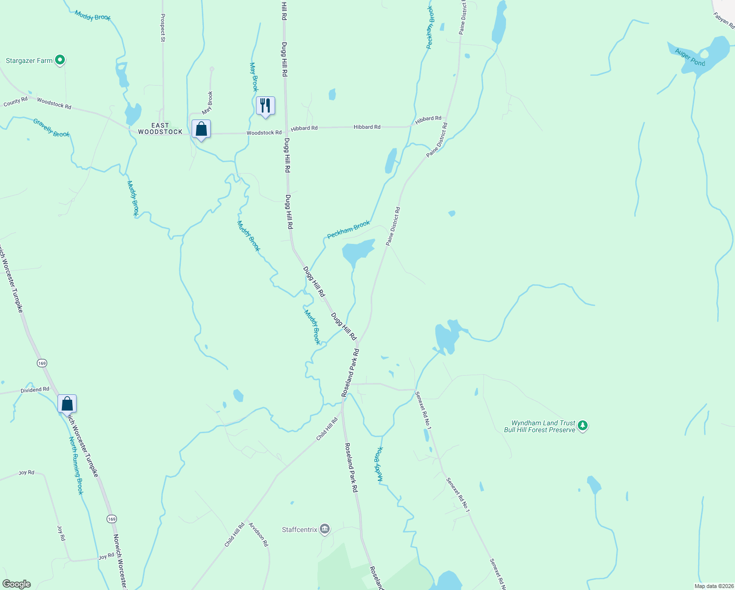 map of restaurants, bars, coffee shops, grocery stores, and more near 44 Paine District Road in Woodstock