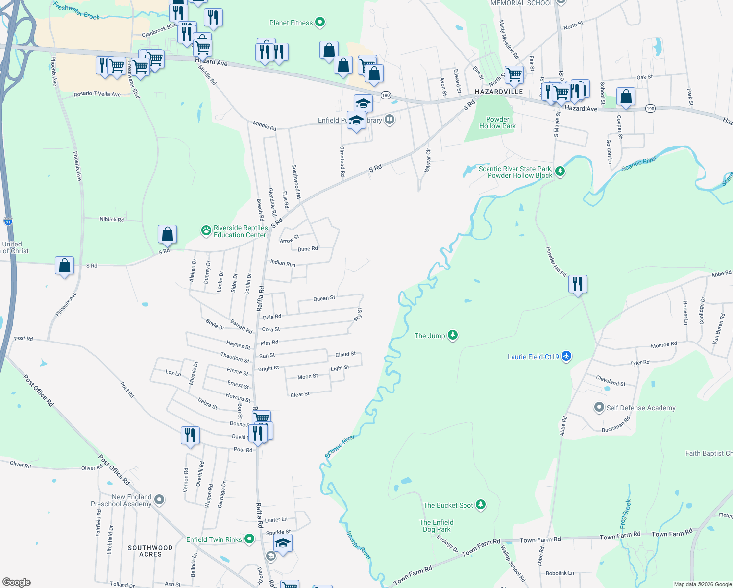map of restaurants, bars, coffee shops, grocery stores, and more near 20 Sky Street in Enfield