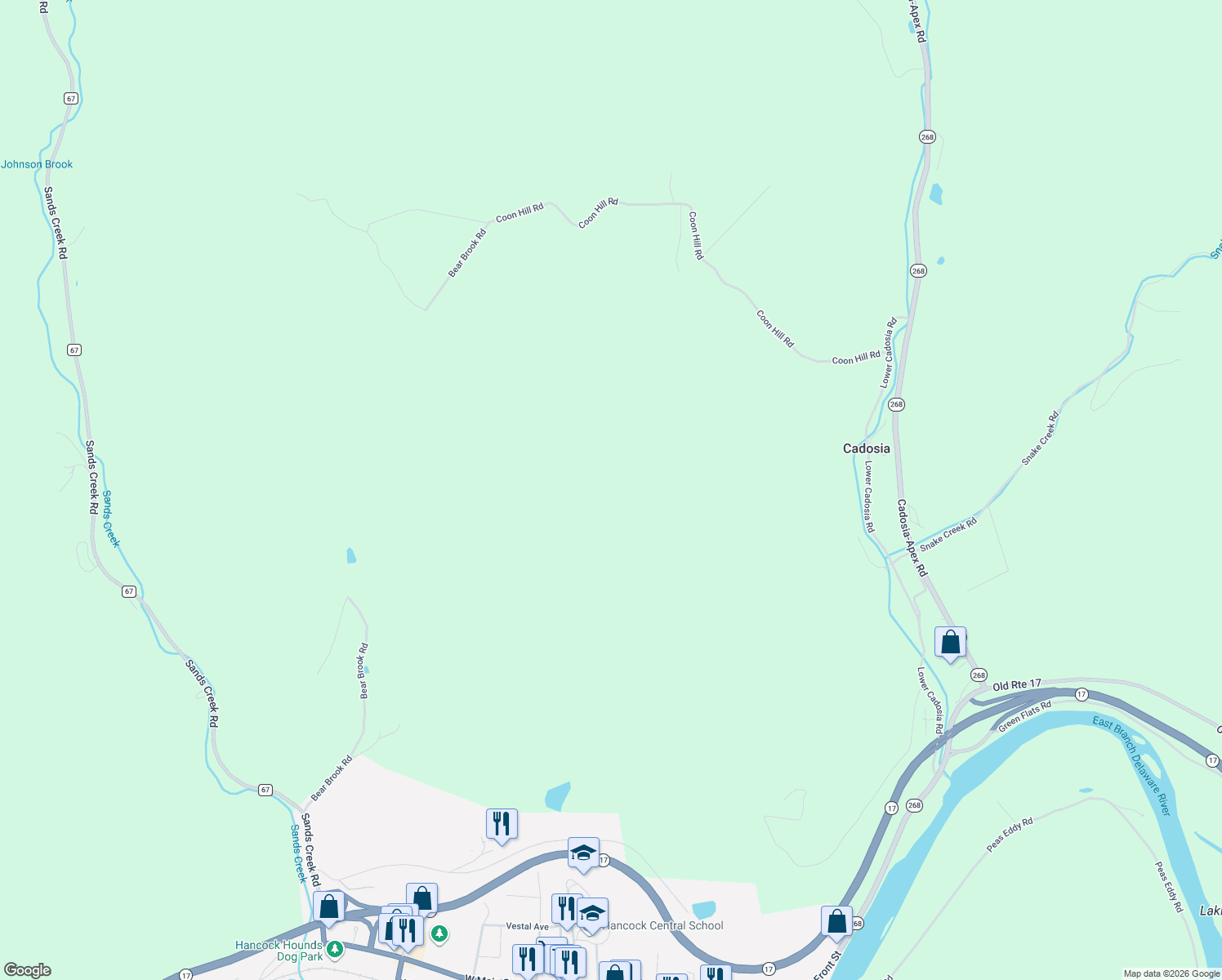 map of restaurants, bars, coffee shops, grocery stores, and more near 1142 Coon Hill Road in Hancock