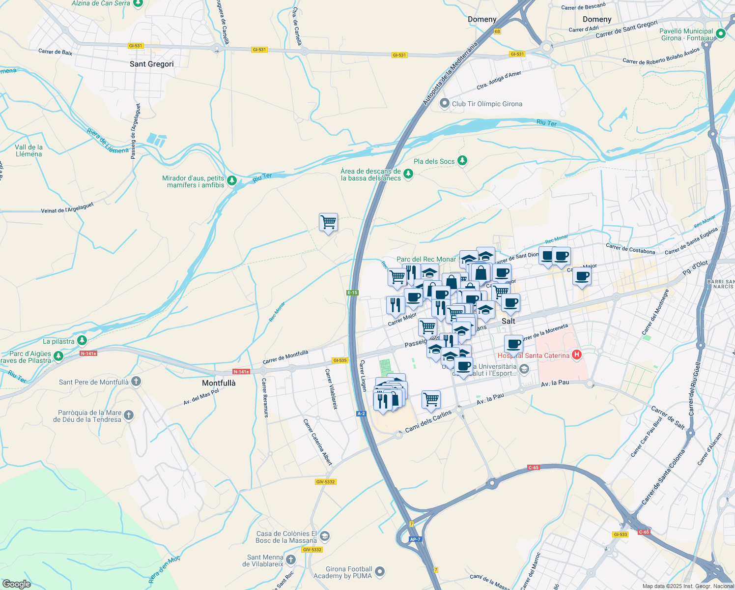 map of restaurants, bars, coffee shops, grocery stores, and more near 20 Carrer de Lluís Moreno in Salt