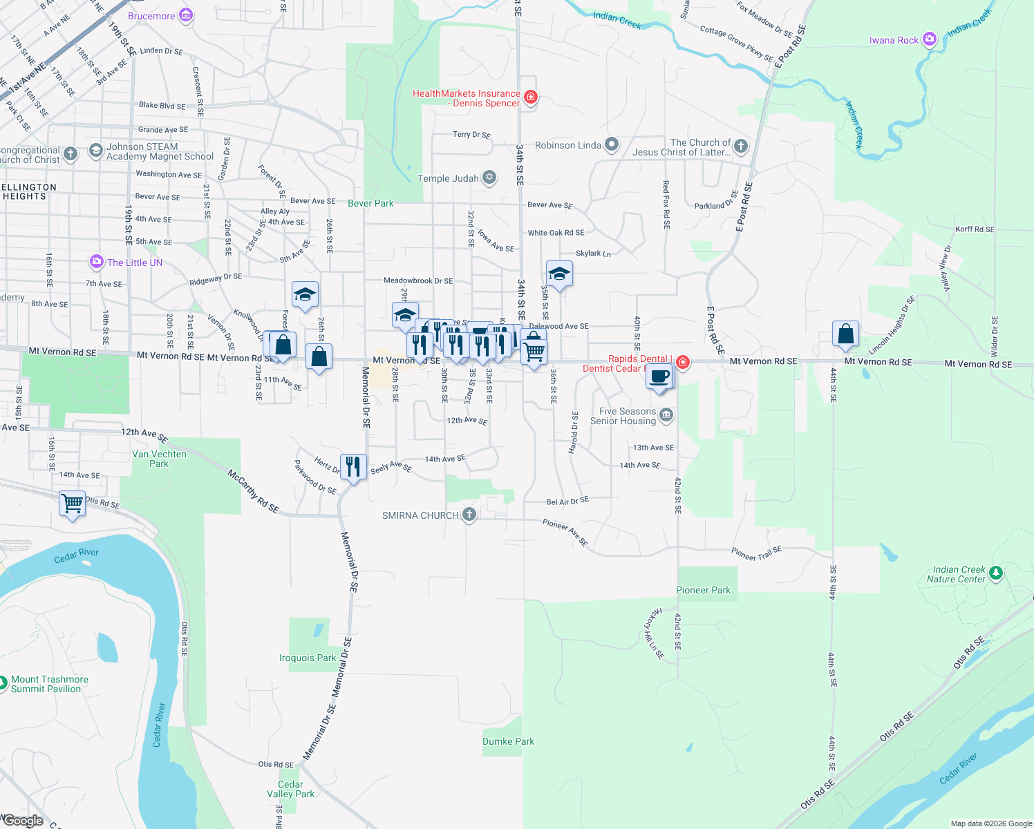 map of restaurants, bars, coffee shops, grocery stores, and more near 1115 34th St SE in Cedar Rapids