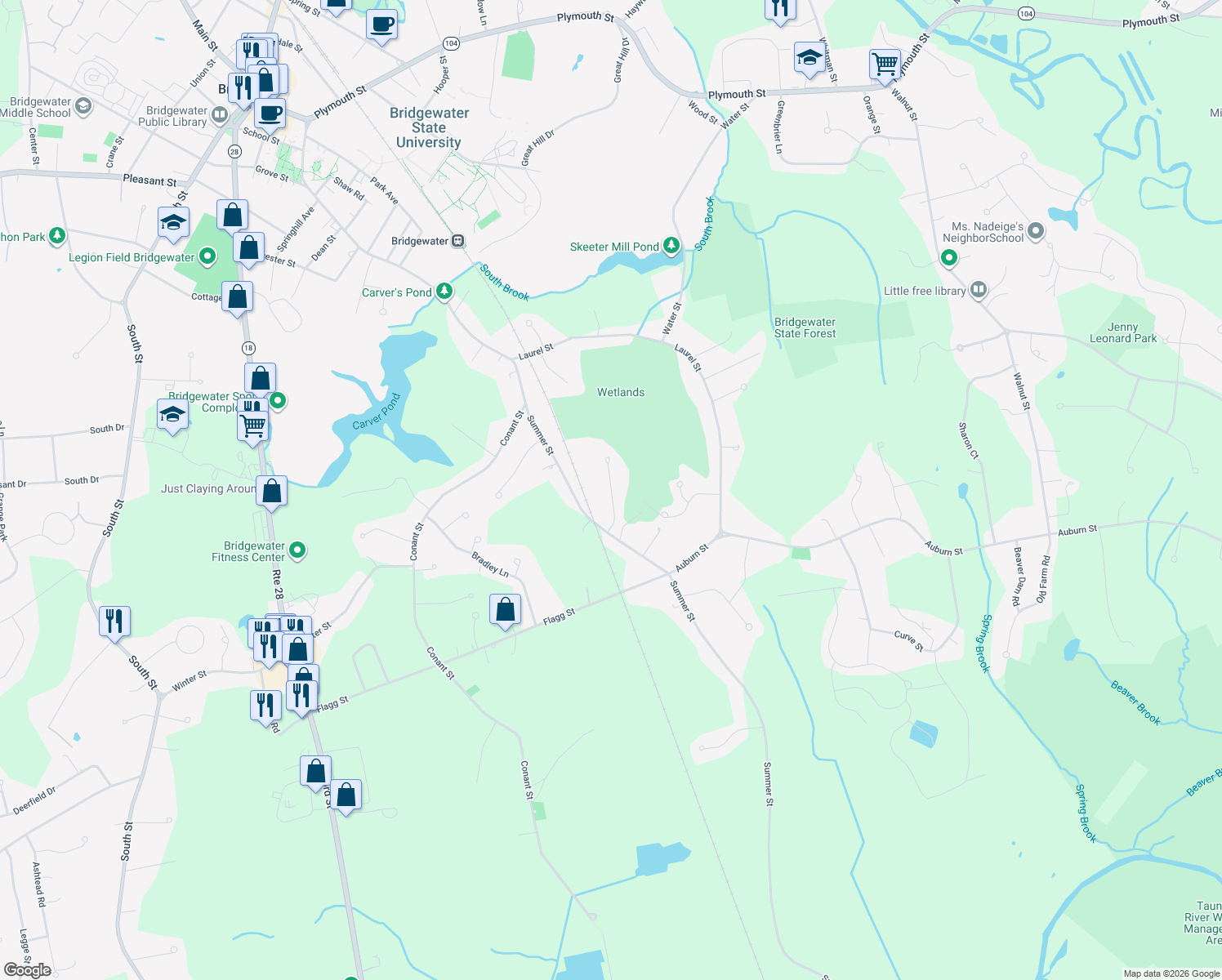 map of restaurants, bars, coffee shops, grocery stores, and more near 50 Charles Street in Bridgewater