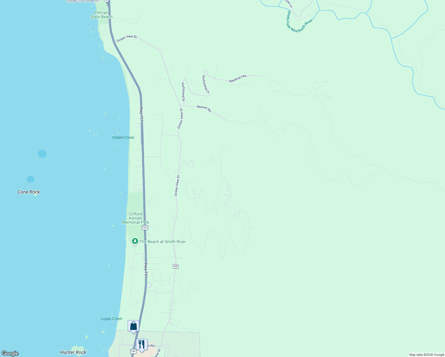 map of restaurants, bars, coffee shops, grocery stores, and more near 250-464 Spyglass Road in Del Norte