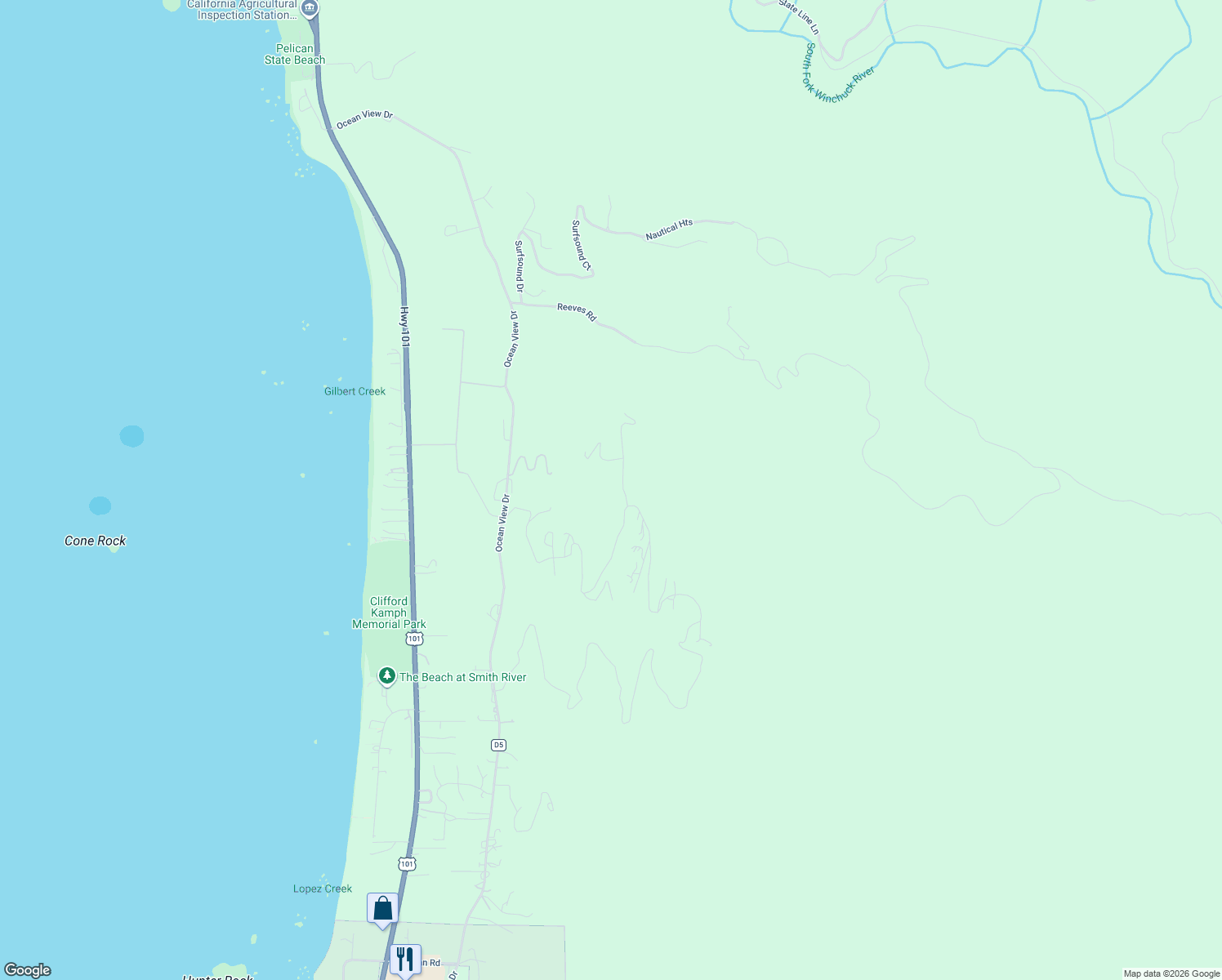 map of restaurants, bars, coffee shops, grocery stores, and more near 400 Spyglass Road in Smith River