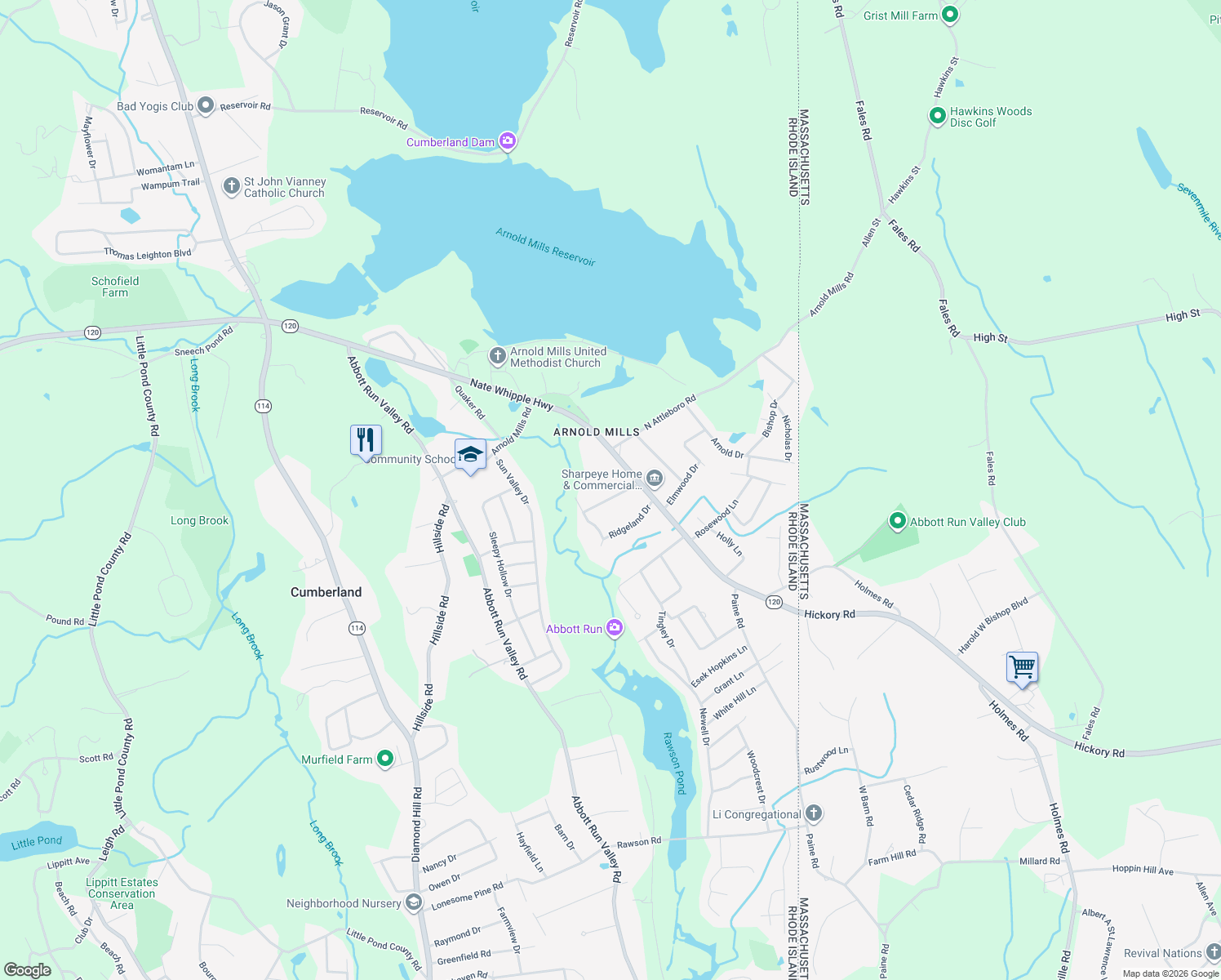 map of restaurants, bars, coffee shops, grocery stores, and more near 11 Wollen Drive in Cumberland
