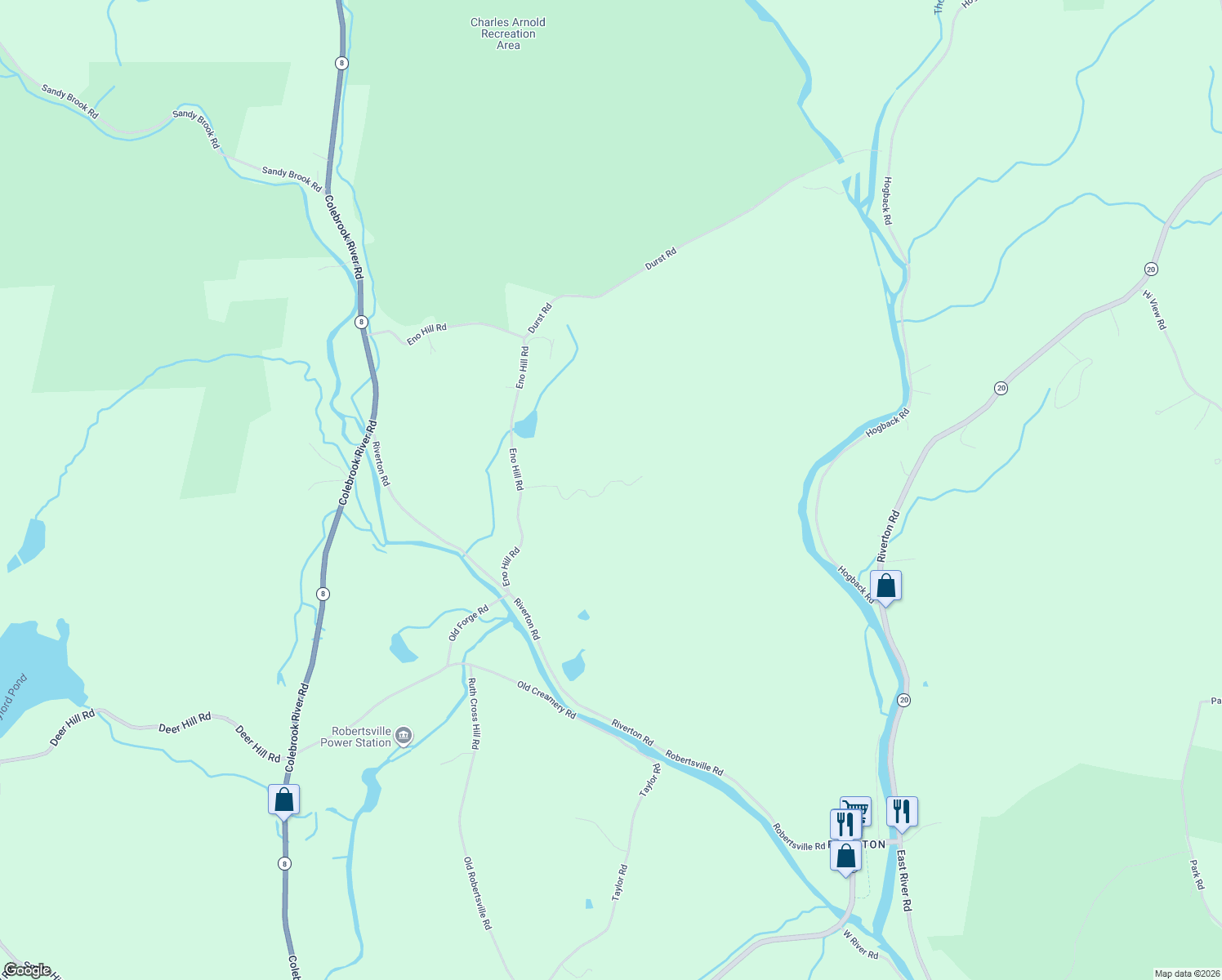 map of restaurants, bars, coffee shops, grocery stores, and more near 88 Eno Hill Road in Colebrook