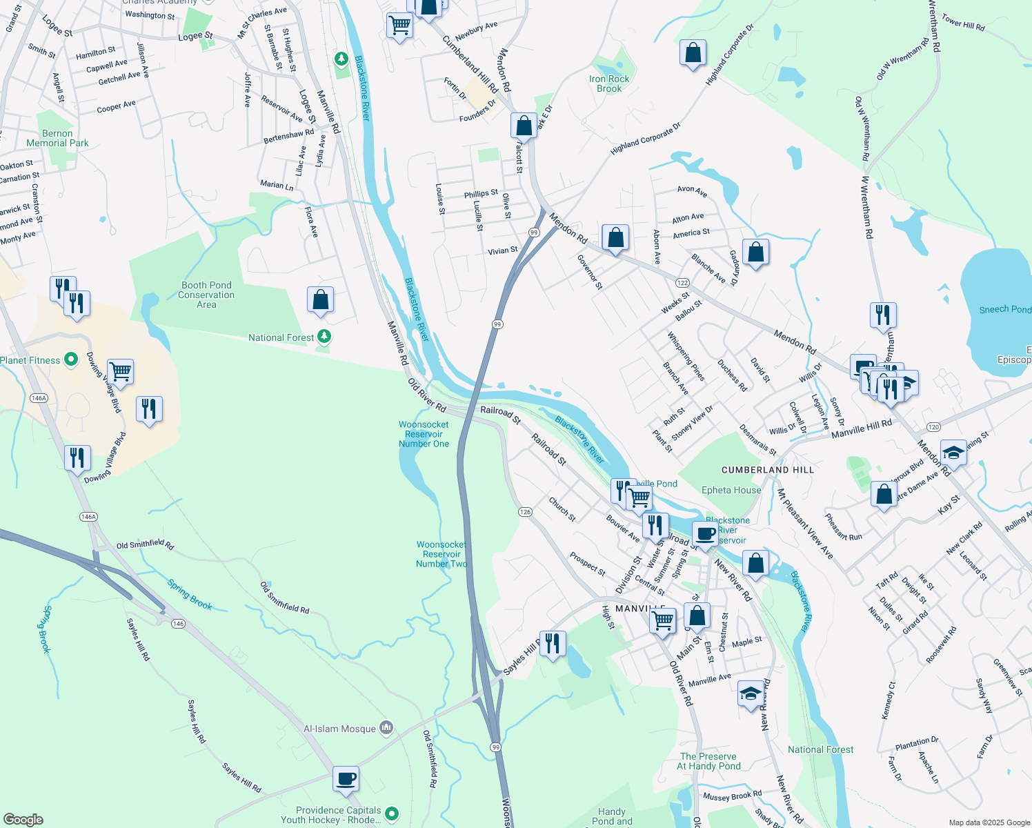 map of restaurants, bars, coffee shops, grocery stores, and more near 287 Railroad Street in Lincoln