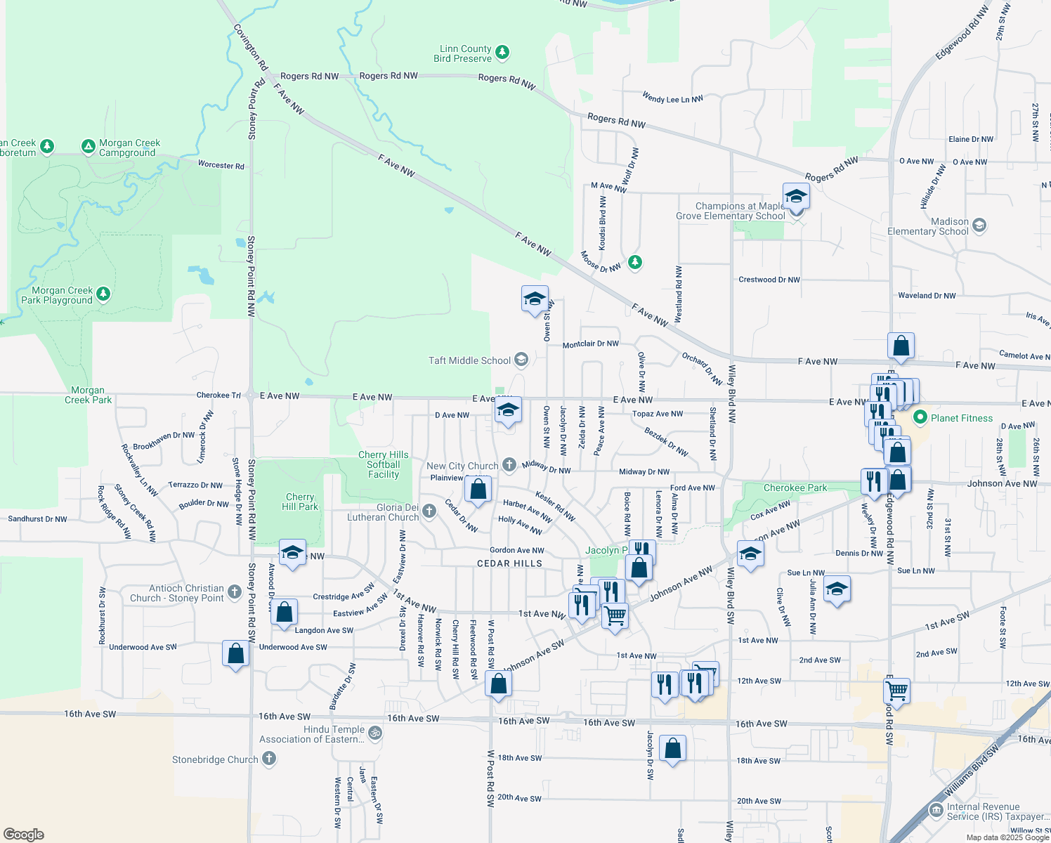 map of restaurants, bars, coffee shops, grocery stores, and more near 452 Lewellen Drive Northwest in Cedar Rapids