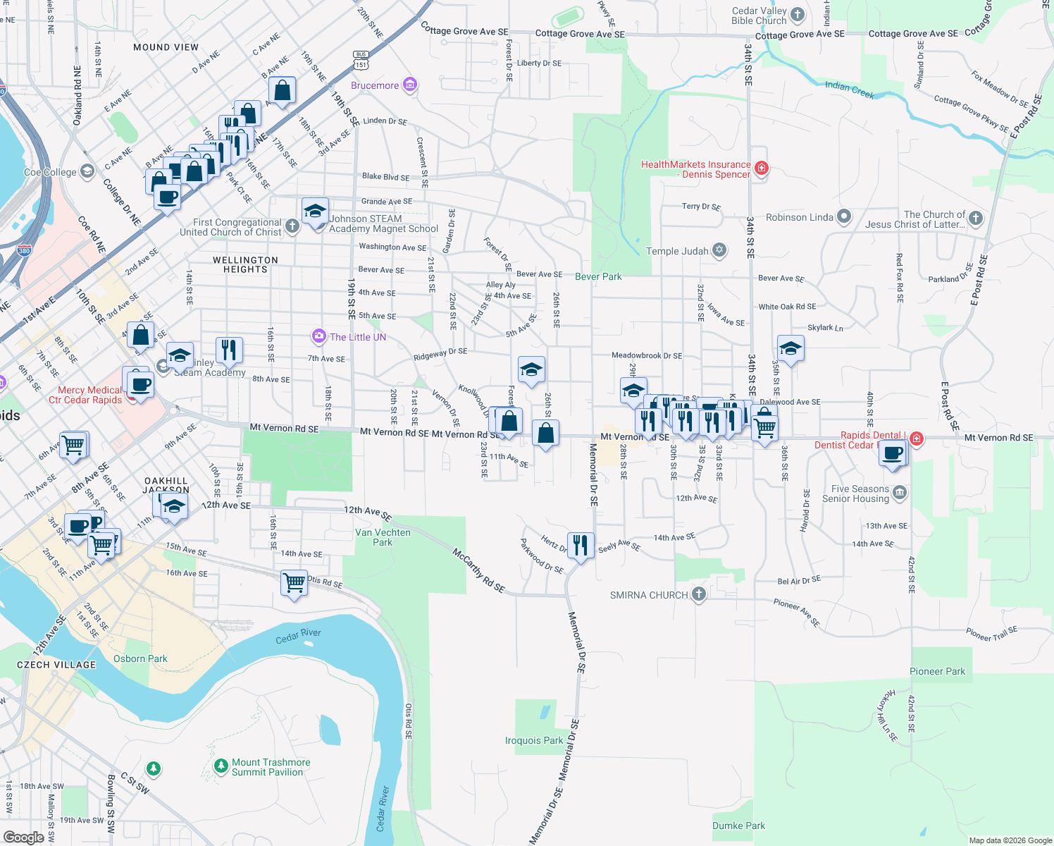 map of restaurants, bars, coffee shops, grocery stores, and more near 719 25th St SE in Cedar Rapids