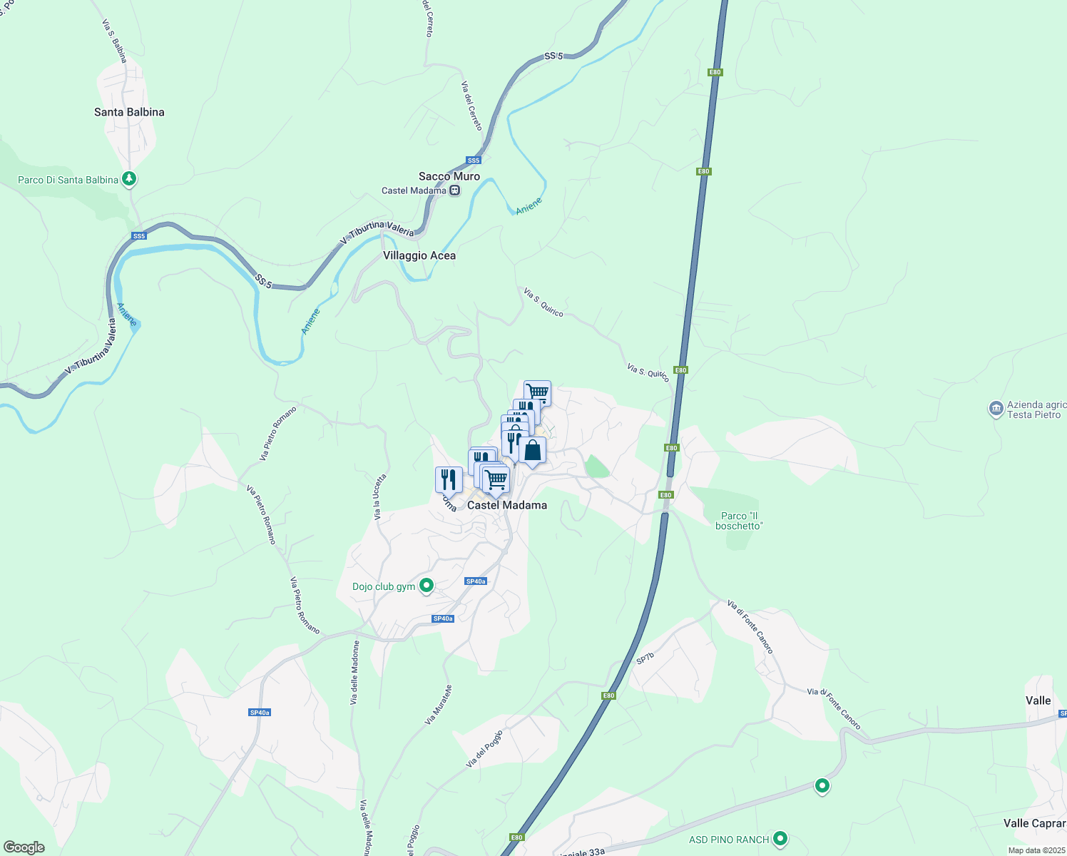 map of restaurants, bars, coffee shops, grocery stores, and more near 5 Piazza Madama in Castel Madama
