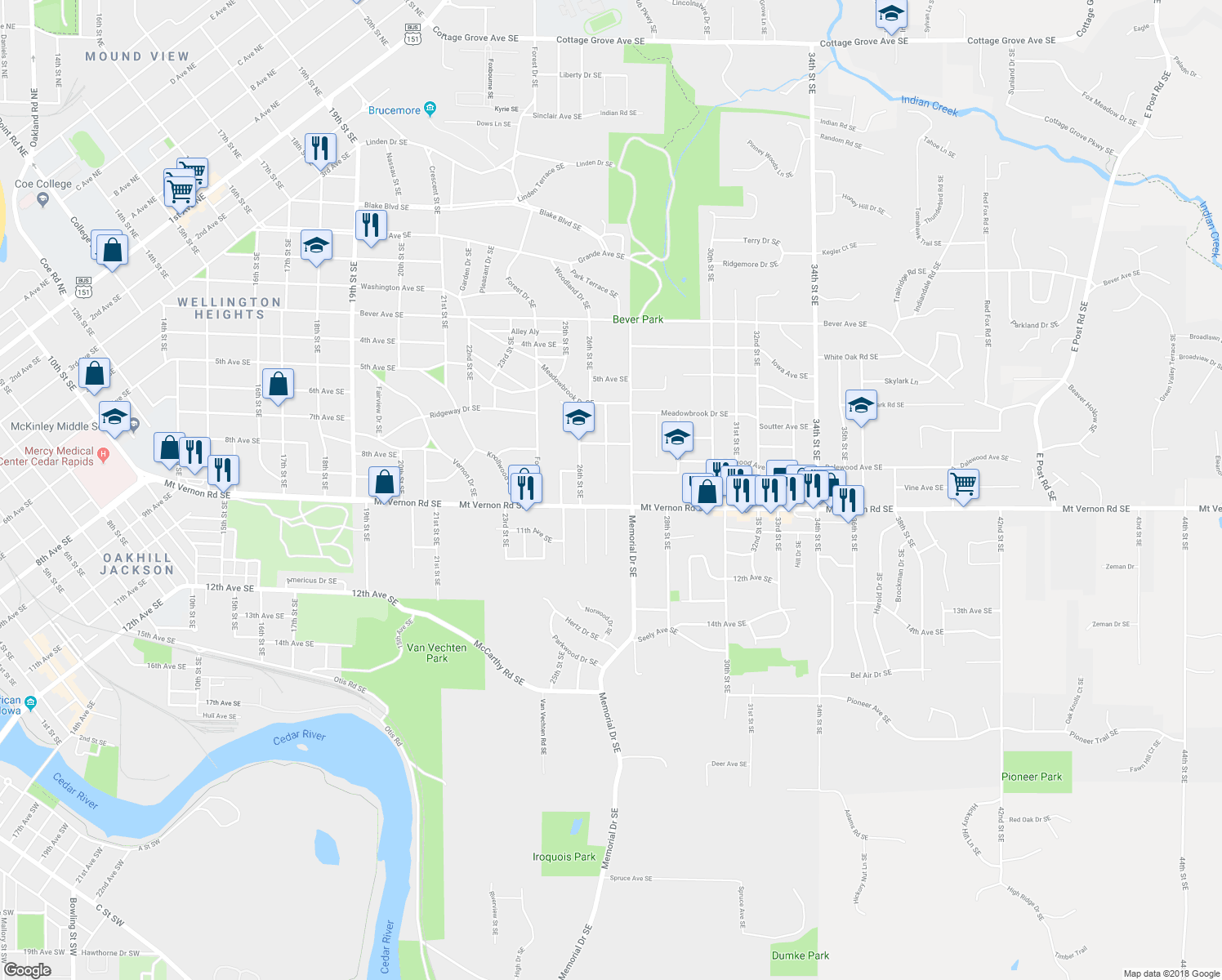 map of restaurants, bars, coffee shops, grocery stores, and more near 710 Grant Wood Dr SE in Cedar Rapids