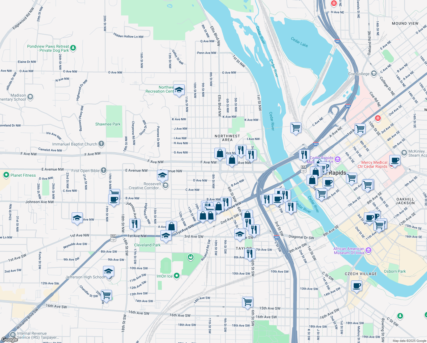 map of restaurants, bars, coffee shops, grocery stores, and more near 599 8th St NW in Cedar Rapids