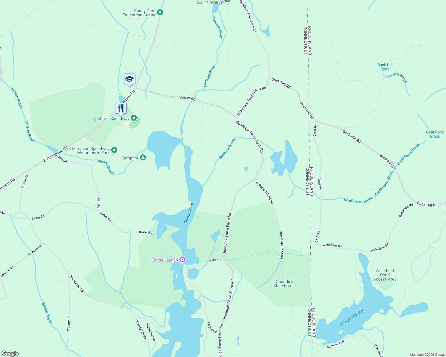 map of restaurants, bars, coffee shops, grocery stores, and more near 484 Quaddick Town Farm Road in Thompson