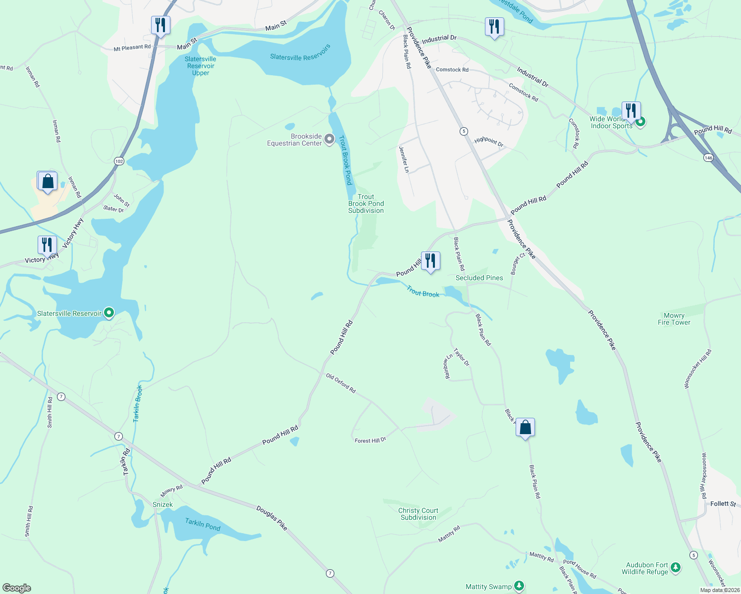 map of restaurants, bars, coffee shops, grocery stores, and more near 1270 Pound Hill Road in North Smithfield