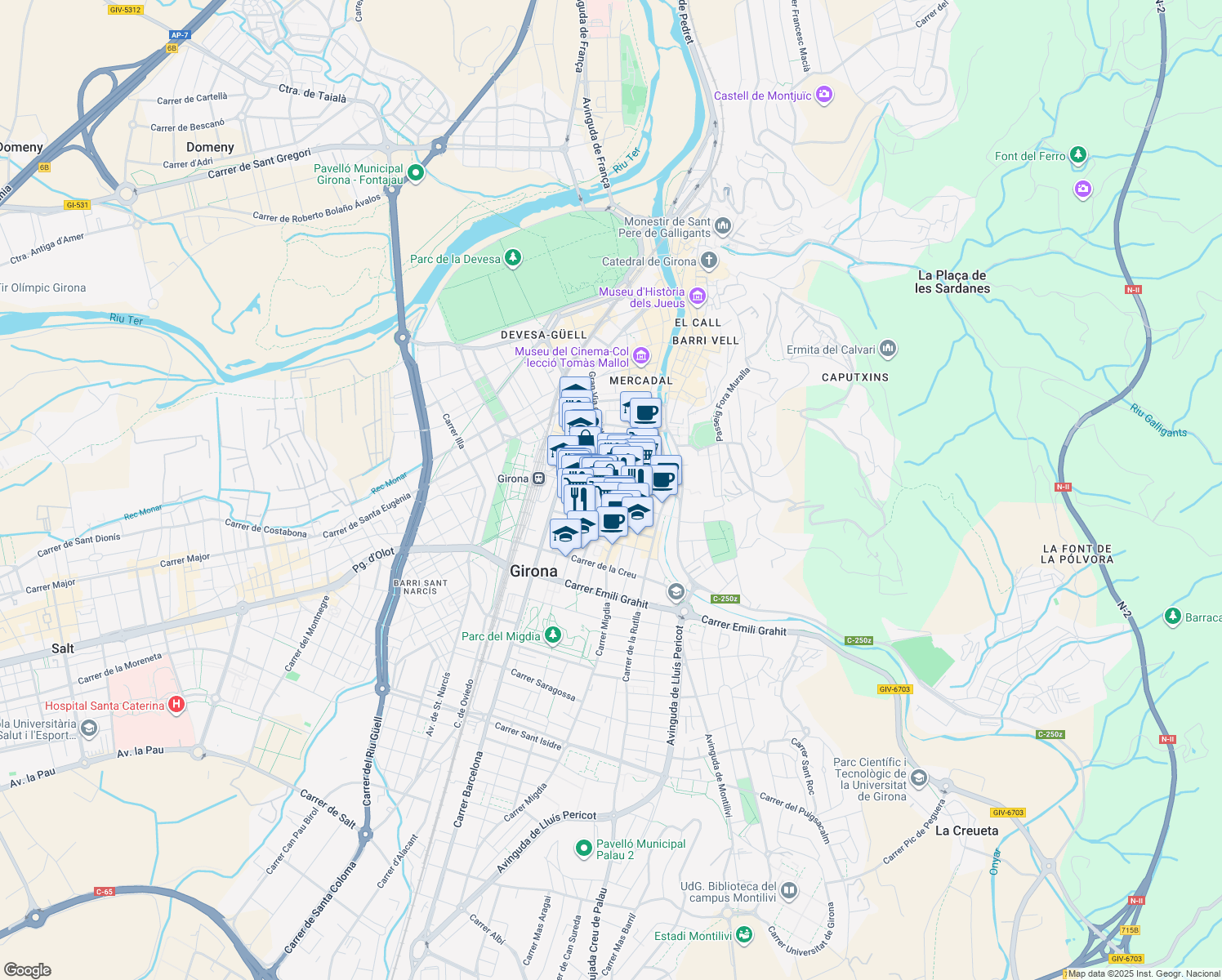 map of restaurants, bars, coffee shops, grocery stores, and more near Carrer de Joan Maragall in Girona
