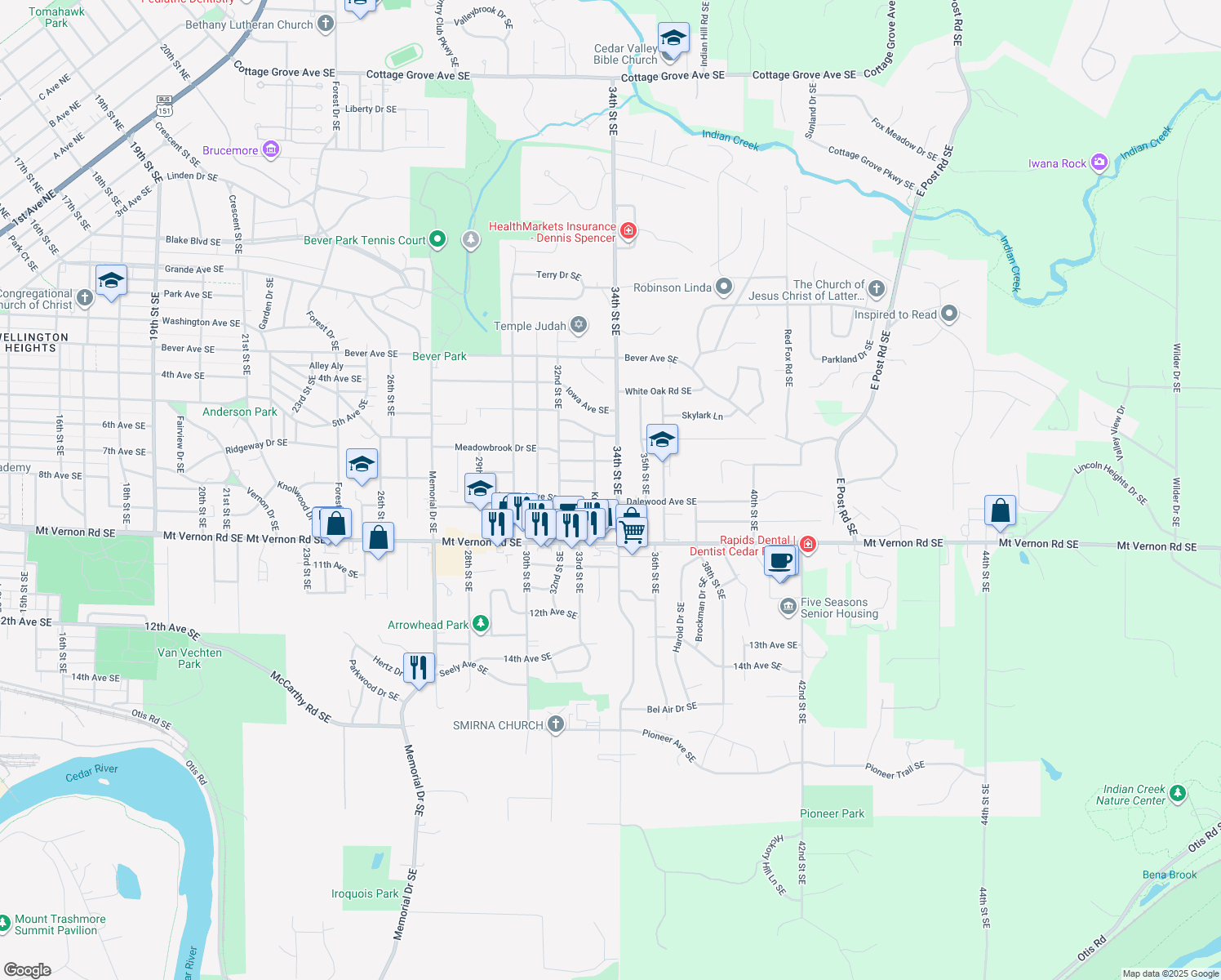 map of restaurants, bars, coffee shops, grocery stores, and more near 651 34th St SE in Cedar Rapids