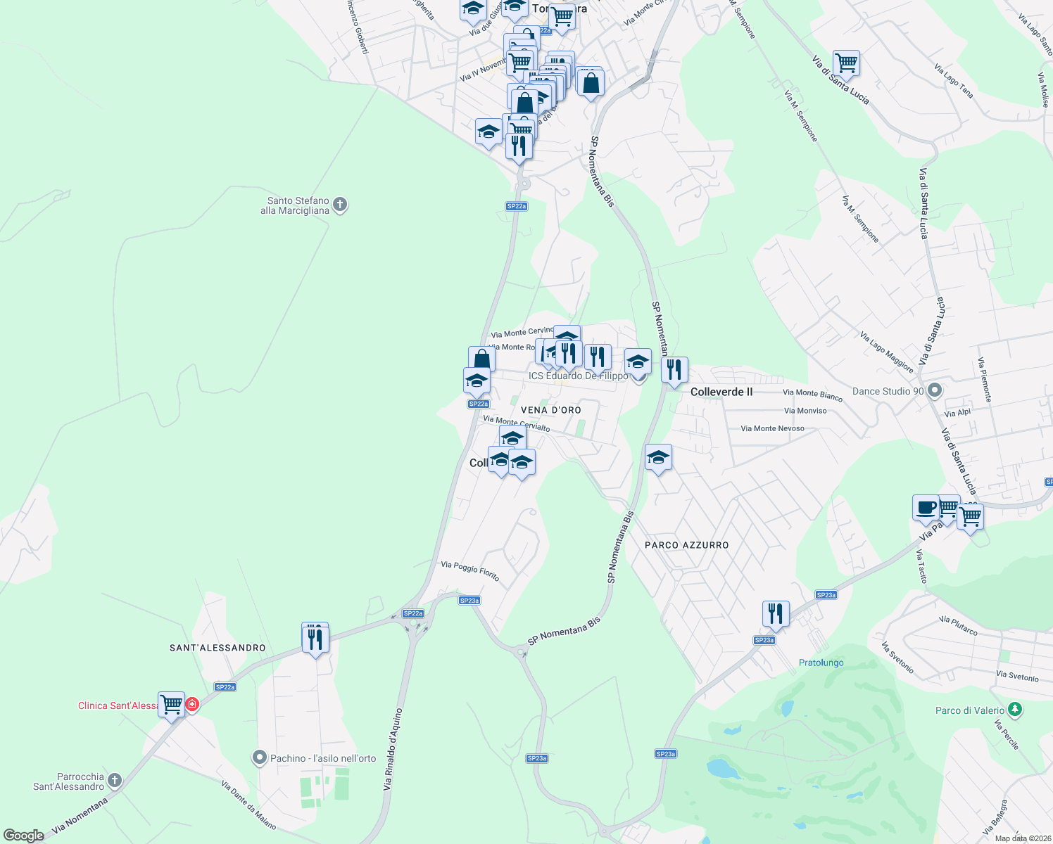 map of restaurants, bars, coffee shops, grocery stores, and more near 17 Via Monte Cervialto in Colleverde