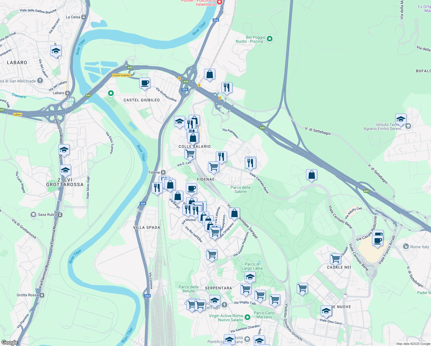 map of restaurants, bars, coffee shops, grocery stores, and more near 17 Via Monte Giberto in Roma