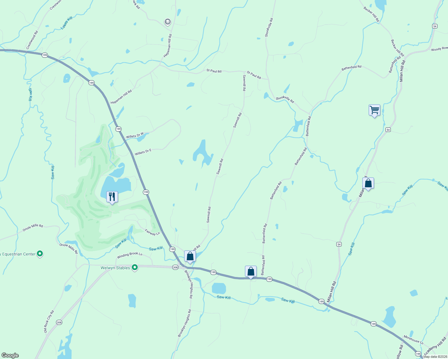 map of restaurants, bars, coffee shops, grocery stores, and more near 128 Sawmill Road in Red Hook