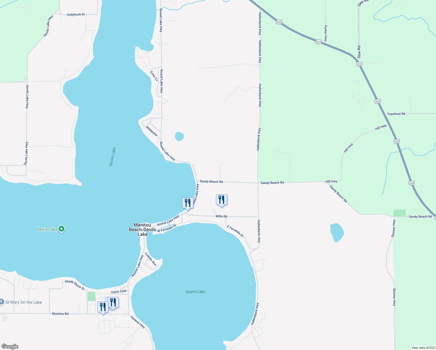 map of restaurants, bars, coffee shops, grocery stores, and more near 6512 Weber Drive in Manitou Beach-Devils Lake