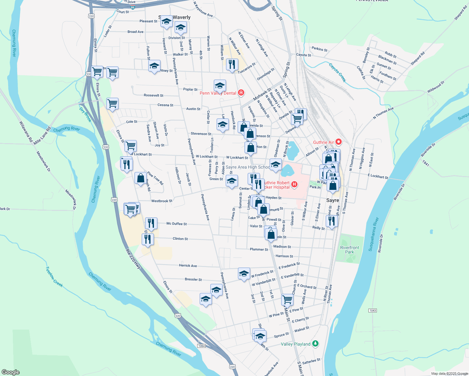 map of restaurants, bars, coffee shops, grocery stores, and more near 140 Center Street in Sayre