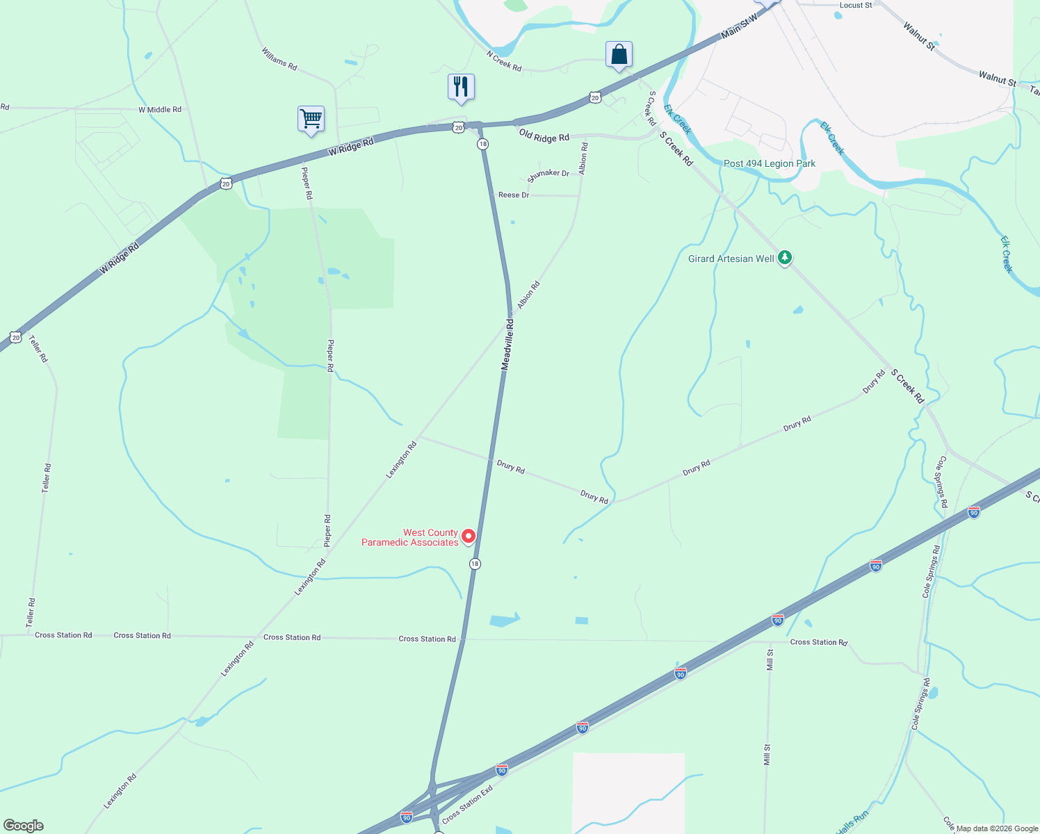 map of restaurants, bars, coffee shops, grocery stores, and more near 6305 Meadville Rd in Girard