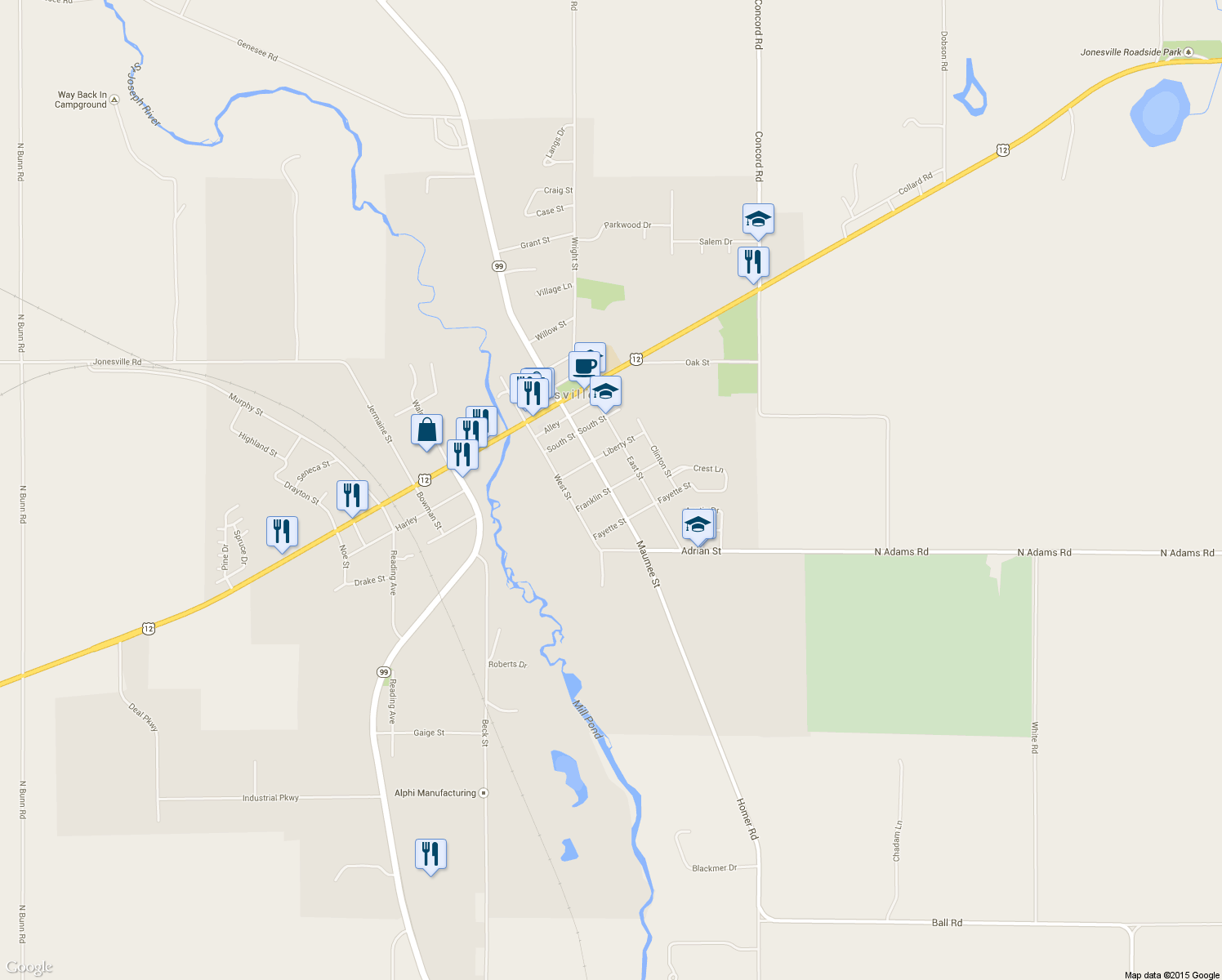map of restaurants, bars, coffee shops, grocery stores, and more near 403 Maumee Street in Jonesville