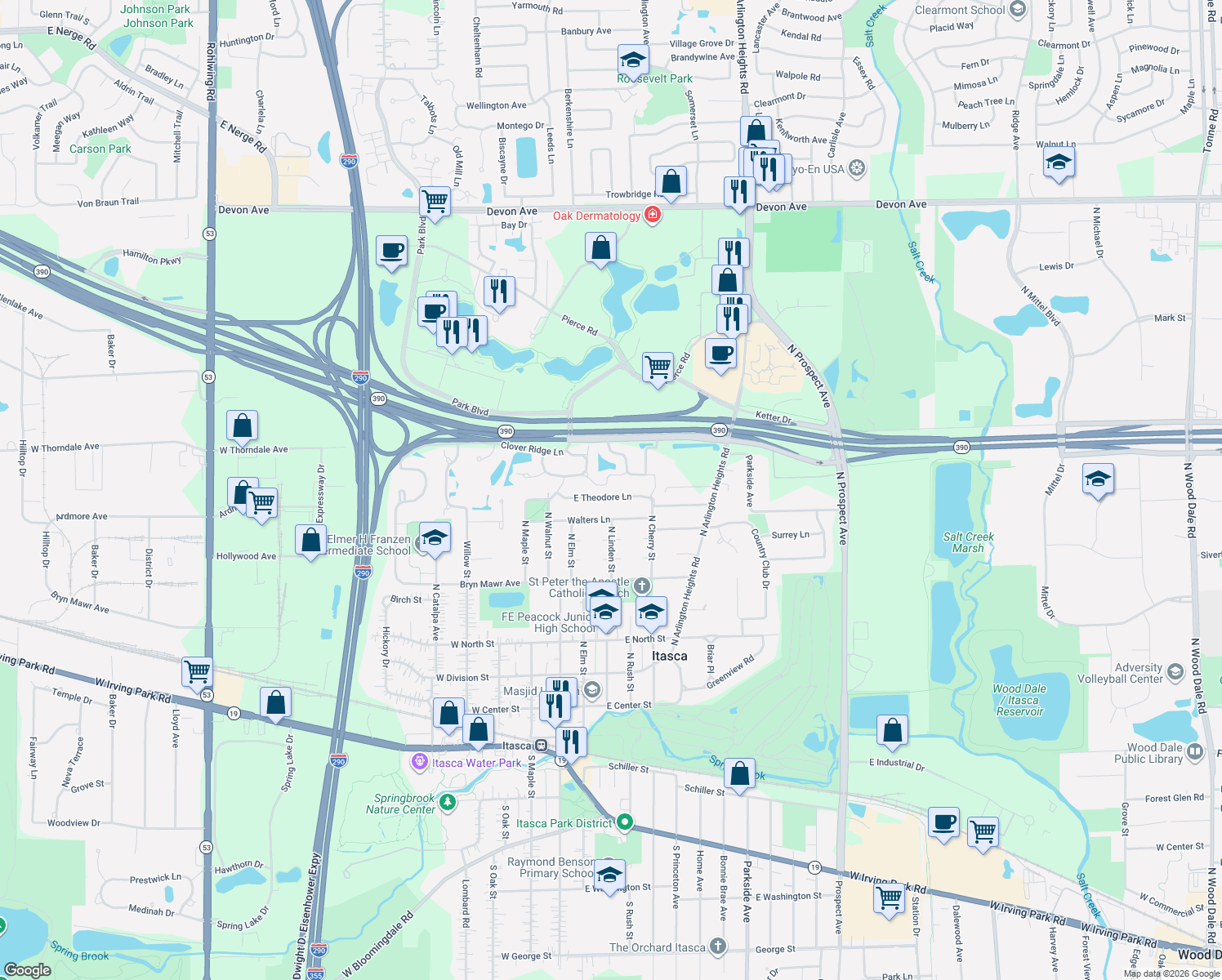 map of restaurants, bars, coffee shops, grocery stores, and more near 237 East Theodore Lane in Itasca