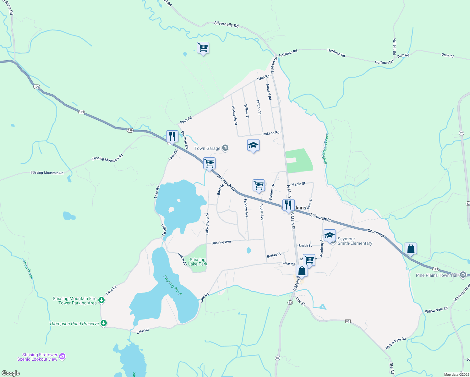 map of restaurants, bars, coffee shops, grocery stores, and more near 2815 Church Street in Pine Plains