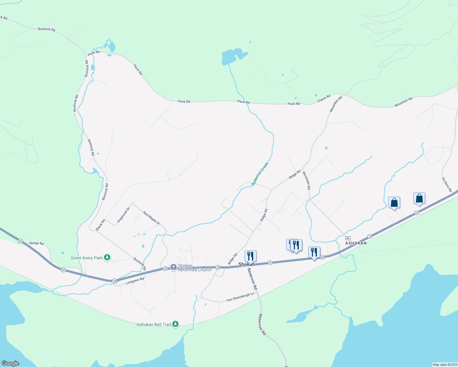 map of restaurants, bars, coffee shops, grocery stores, and more near 55 Matthews Lane in Shokan