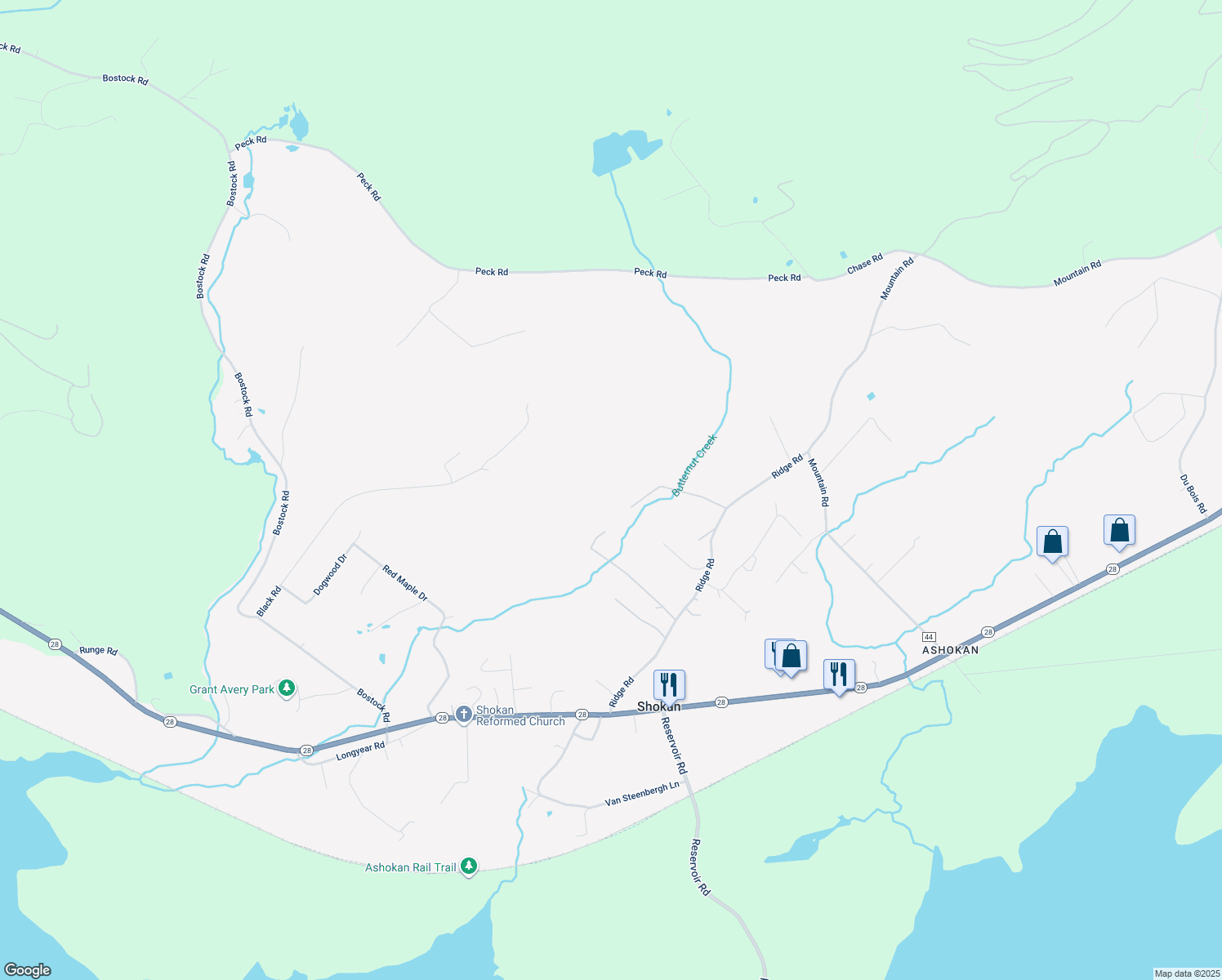 map of restaurants, bars, coffee shops, grocery stores, and more near 55 Matthews Lane in Shokan