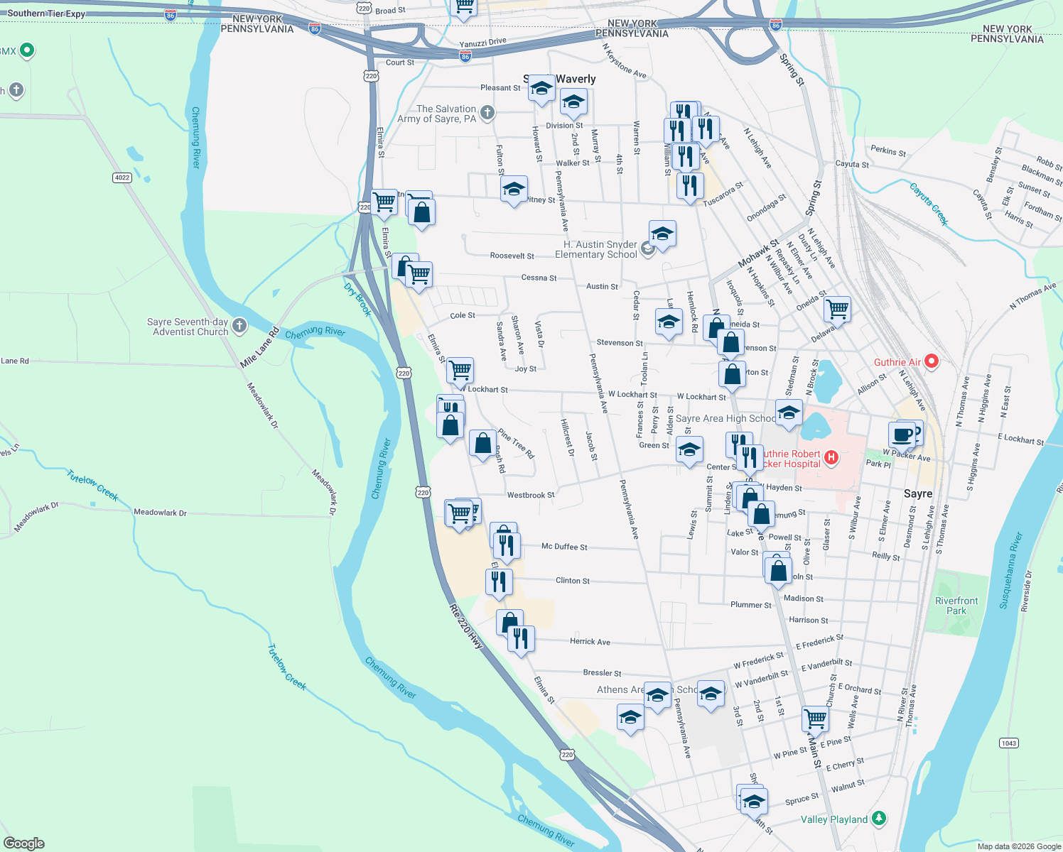 map of restaurants, bars, coffee shops, grocery stores, and more near 199 Vallilee Place in Sayre