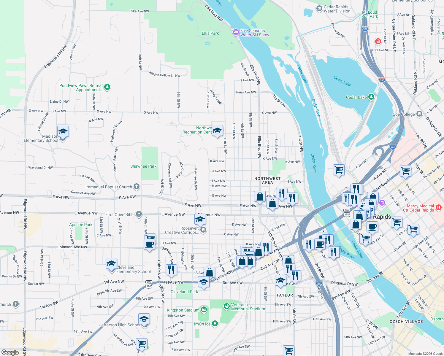 map of restaurants, bars, coffee shops, grocery stores, and more near 1110 I Avenue Northwest in Cedar Rapids