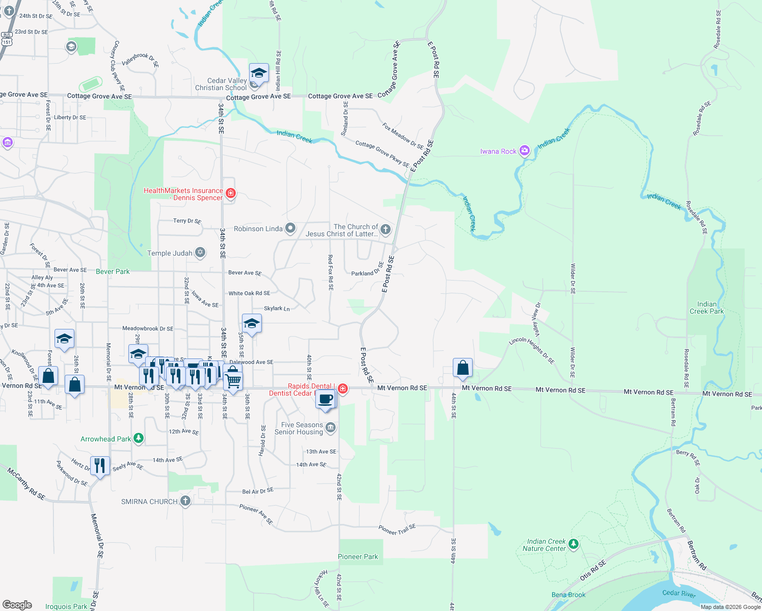 map of restaurants, bars, coffee shops, grocery stores, and more near 394 East Post Road Southeast in Cedar Rapids