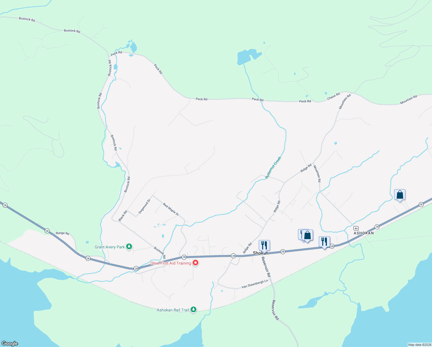 map of restaurants, bars, coffee shops, grocery stores, and more near 258-260 Black Road in Shokan