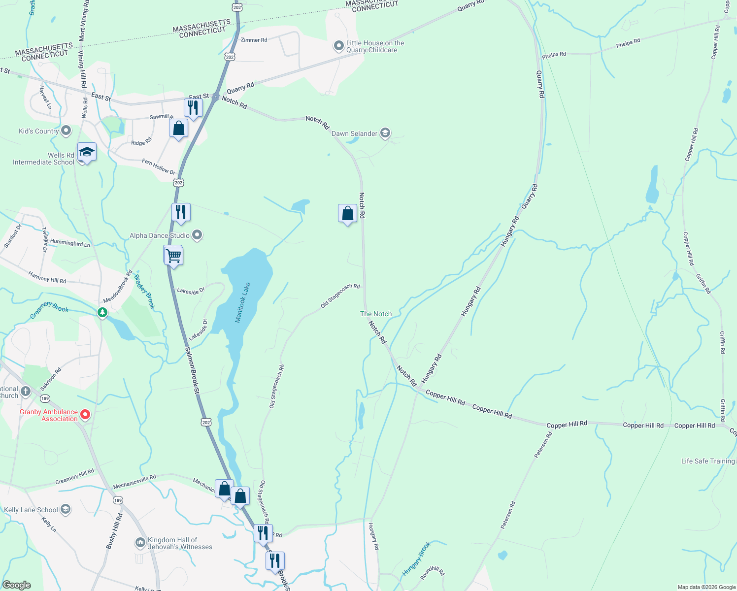 map of restaurants, bars, coffee shops, grocery stores, and more near 48 Notch Road in Granby
