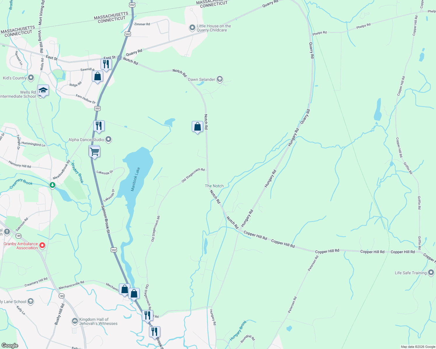 map of restaurants, bars, coffee shops, grocery stores, and more near 48 Notch Road in Granby