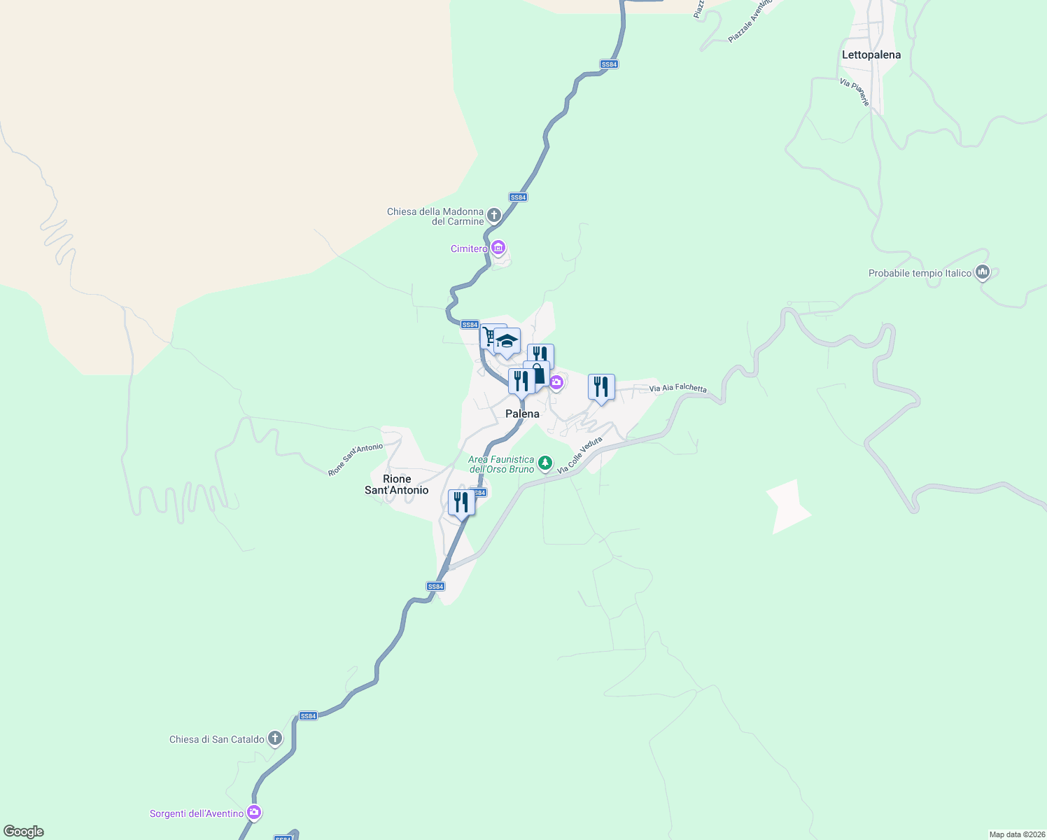 map of restaurants, bars, coffee shops, grocery stores, and more near 13 Via Casepente in Palena