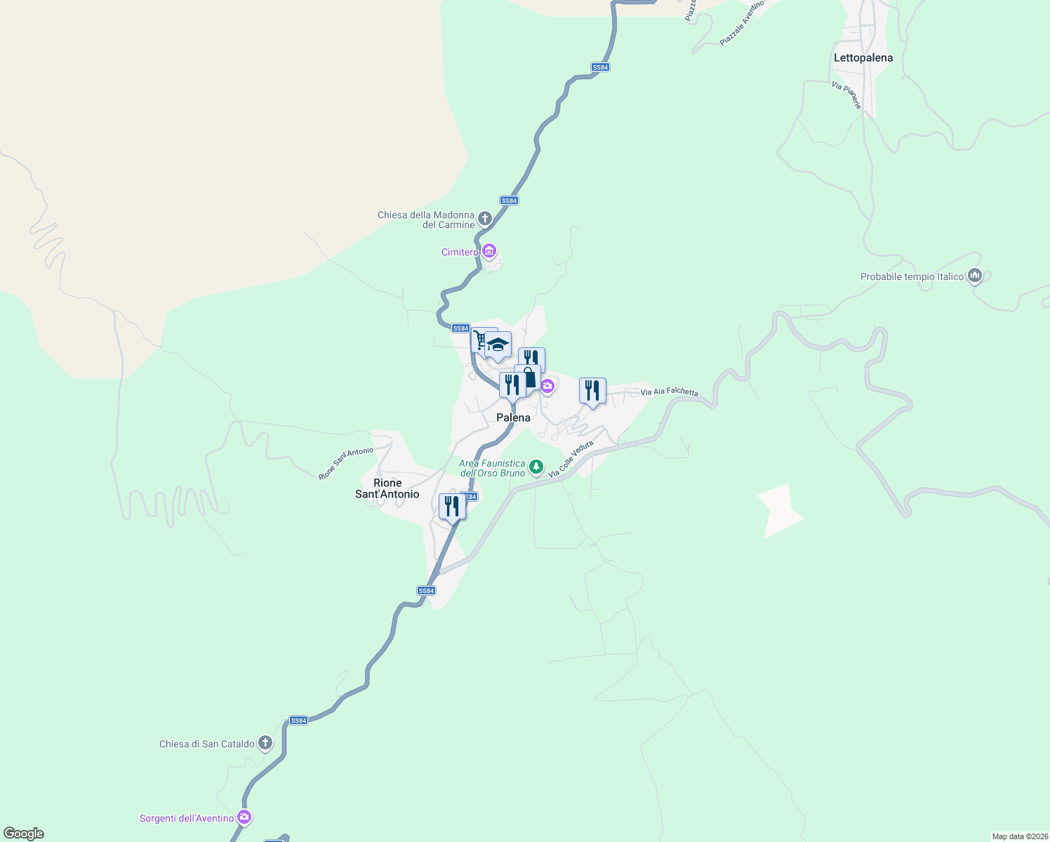 map of restaurants, bars, coffee shops, grocery stores, and more near 13 Via Casepente in Palena