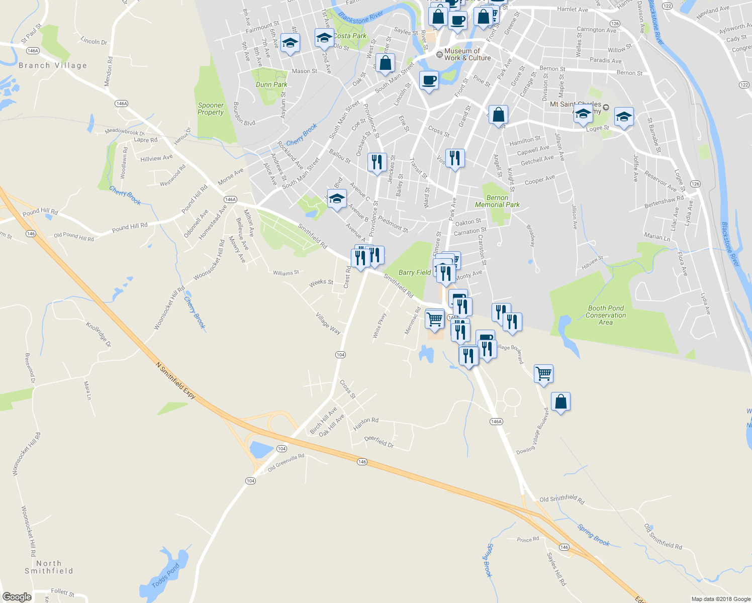 map of restaurants, bars, coffee shops, grocery stores, and more near 41 Summit Avenue in North Smithfield
