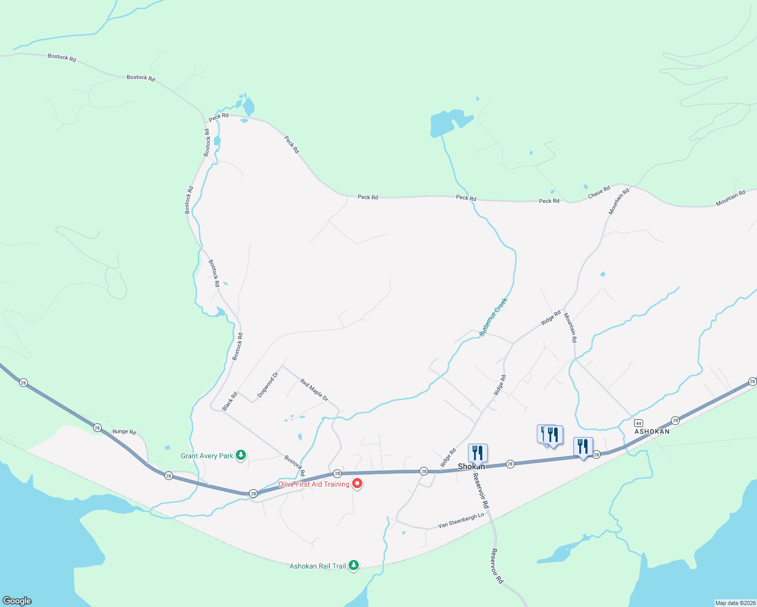 map of restaurants, bars, coffee shops, grocery stores, and more near 258-260 Black Road in Shokan