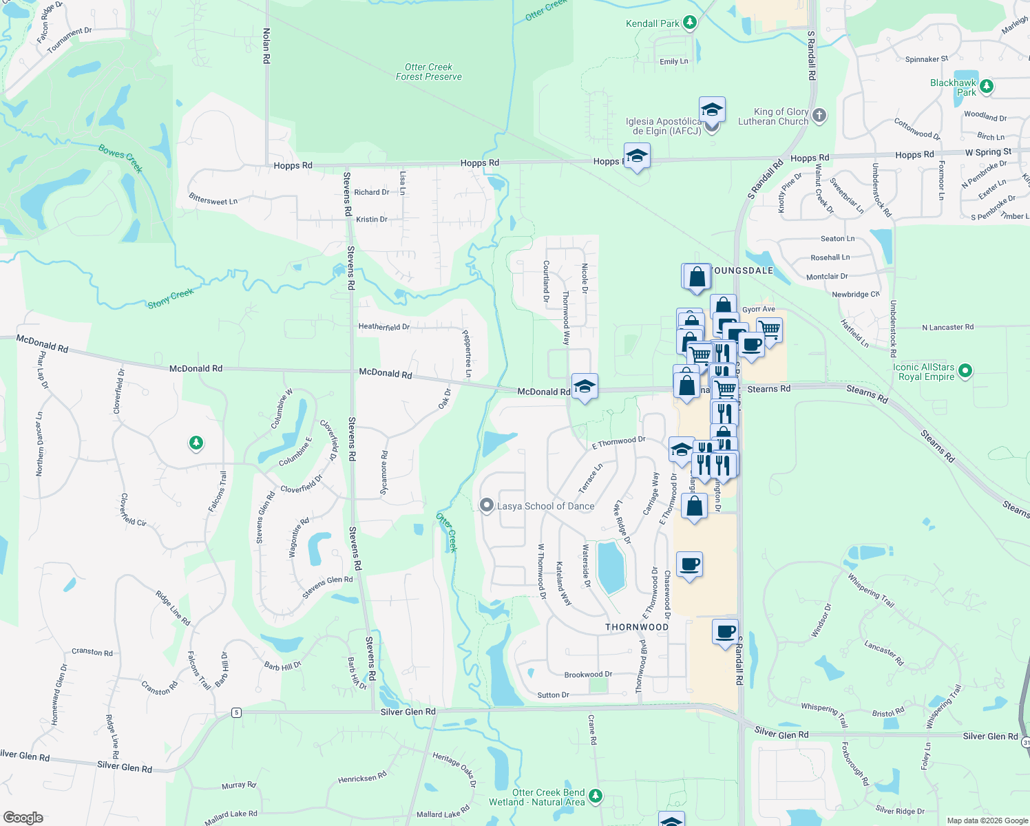 map of restaurants, bars, coffee shops, grocery stores, and more near 639 Oak Lane in South Elgin