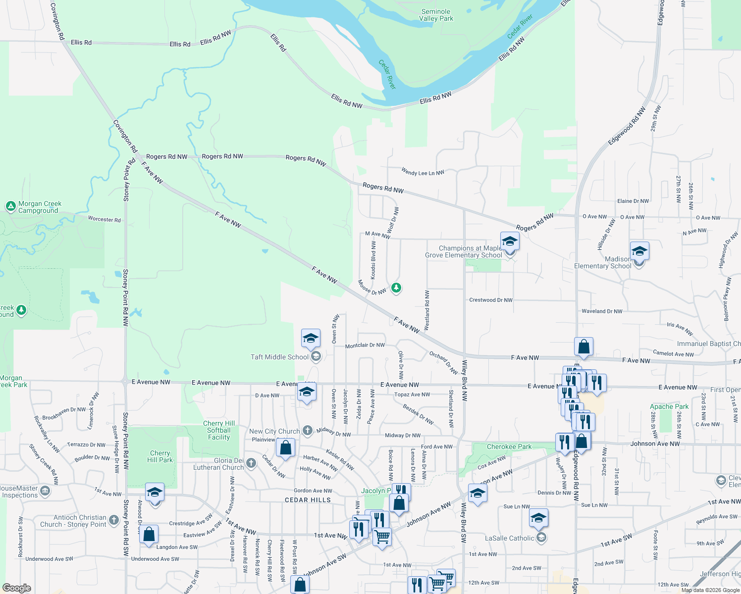 map of restaurants, bars, coffee shops, grocery stores, and more near 805 Moose Drive Northwest in Cedar Rapids