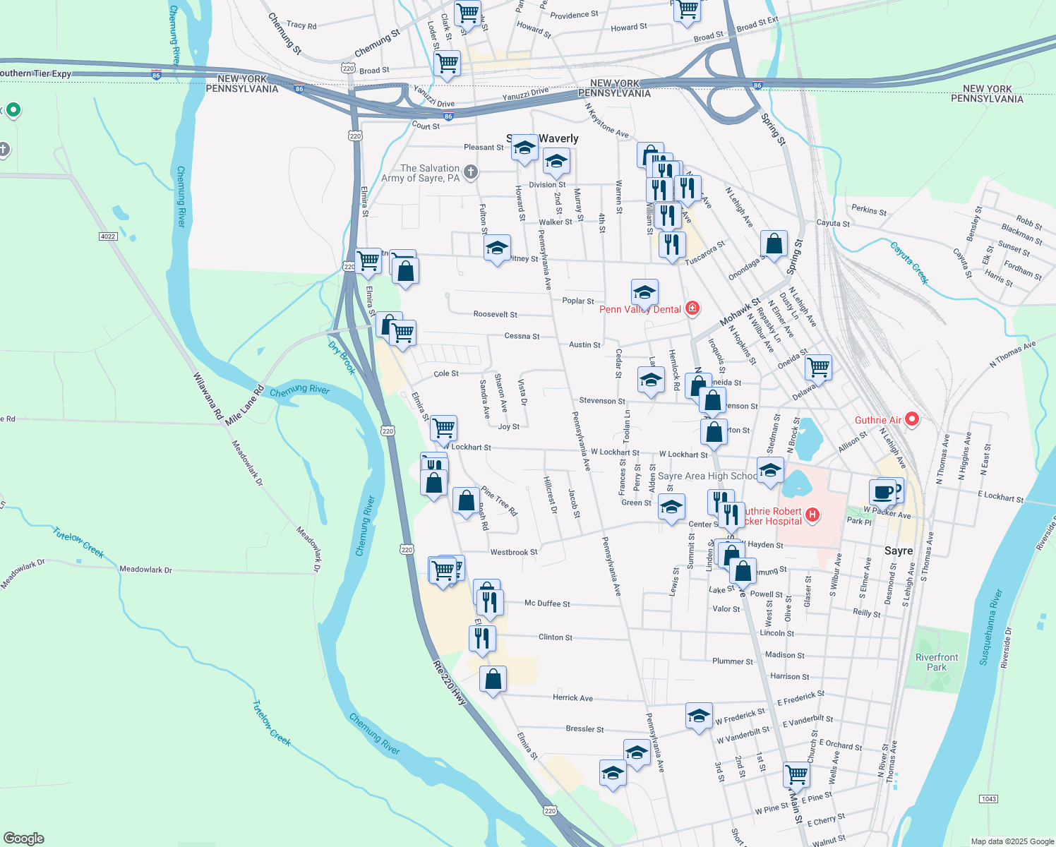 map of restaurants, bars, coffee shops, grocery stores, and more near 125 Vista Dr in Sayre