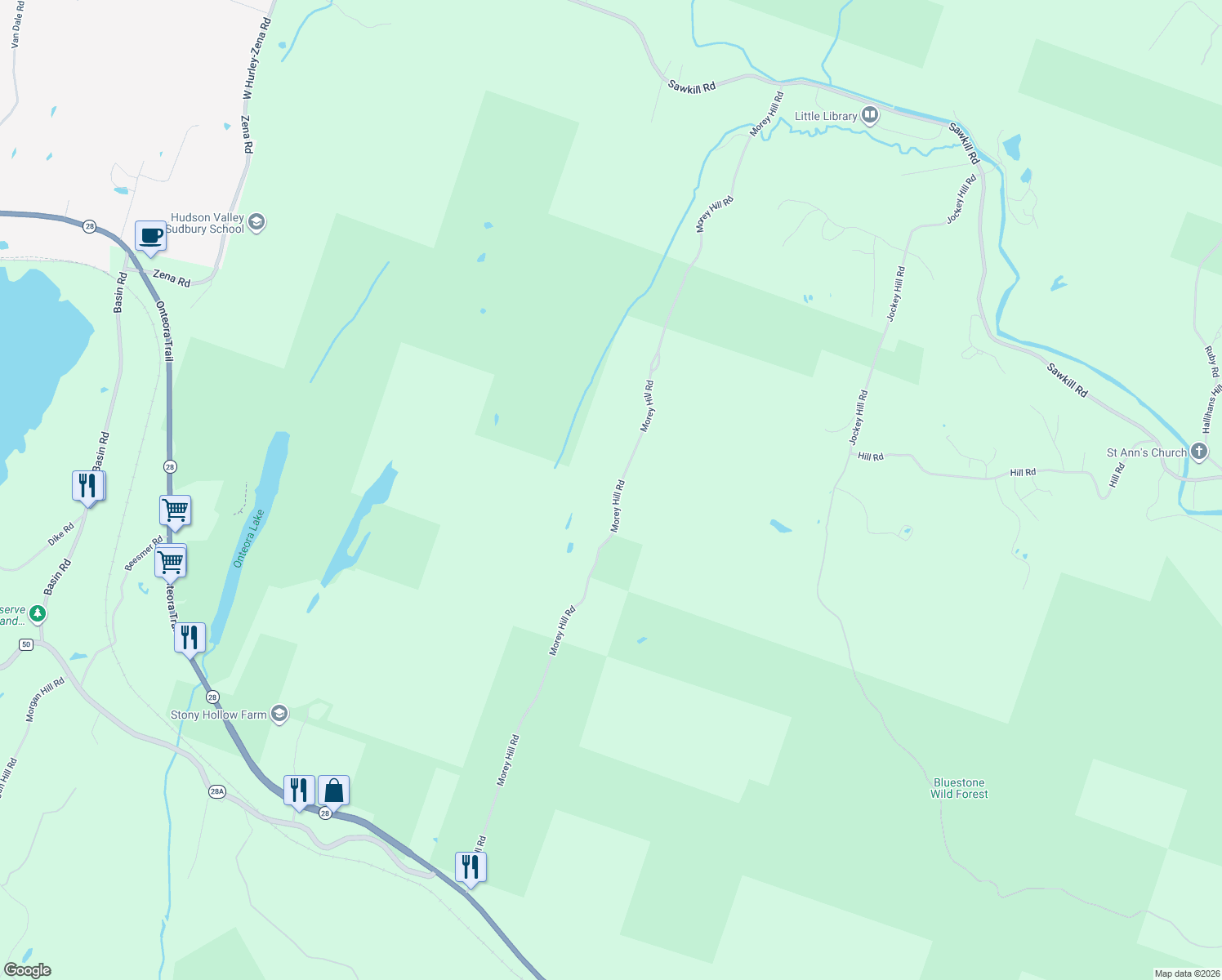 map of restaurants, bars, coffee shops, grocery stores, and more near 280 Morey Hill Road in Kingston