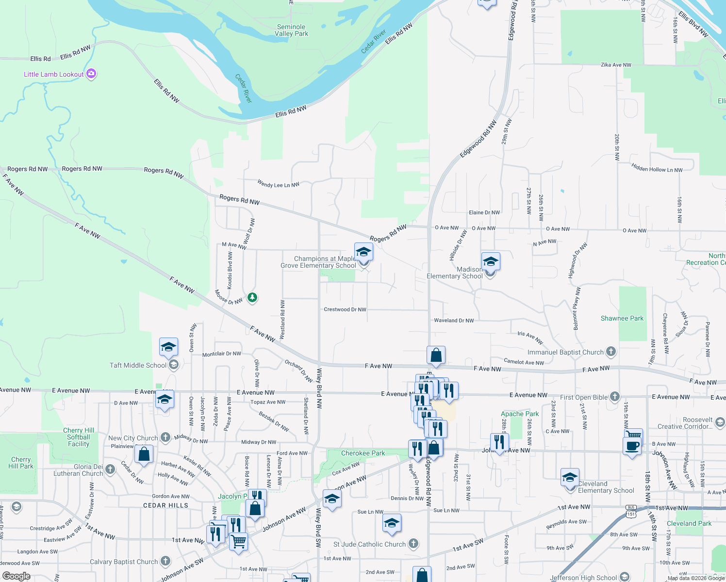 map of restaurants, bars, coffee shops, grocery stores, and more near 1210 38th St NW in Cedar Rapids