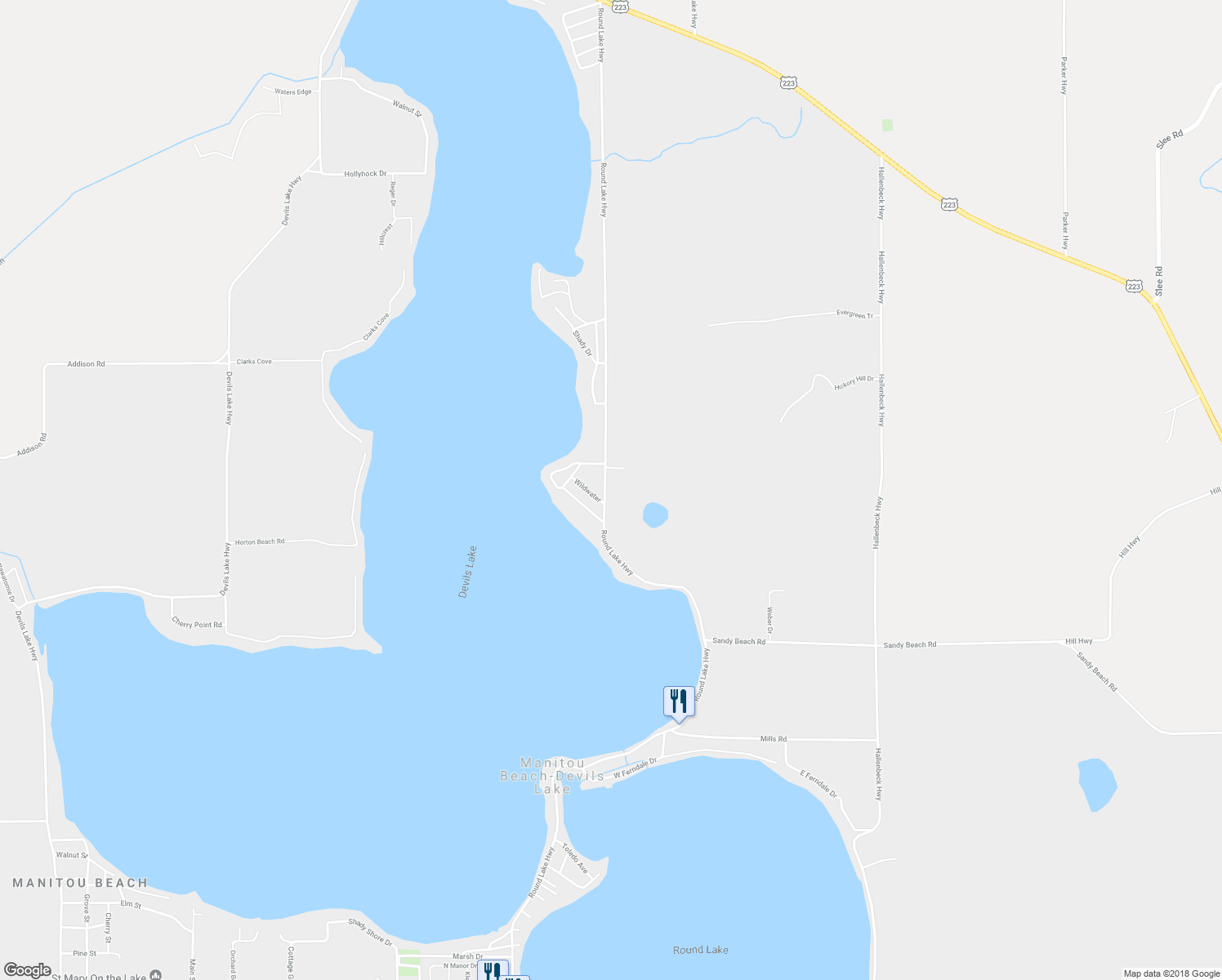 map of restaurants, bars, coffee shops, grocery stores, and more near 3801 Round Lake Highway in Manitou Beach-Devils Lake