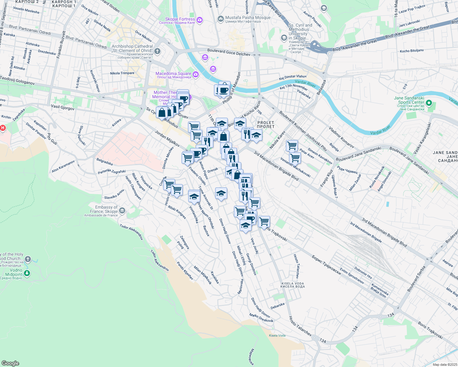 map of restaurants, bars, coffee shops, grocery stores, and more near Emil Zola in Skopje