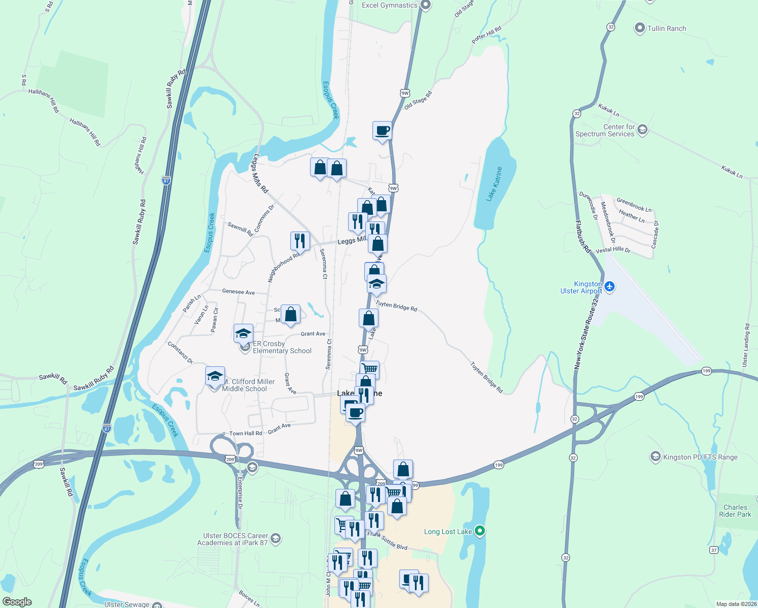 map of restaurants, bars, coffee shops, grocery stores, and more near 176 Lake Rd in Lake Katrine
