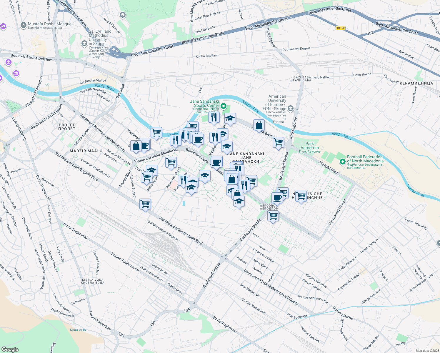 map of restaurants, bars, coffee shops, grocery stores, and more near Jane Sandanski in Skopje